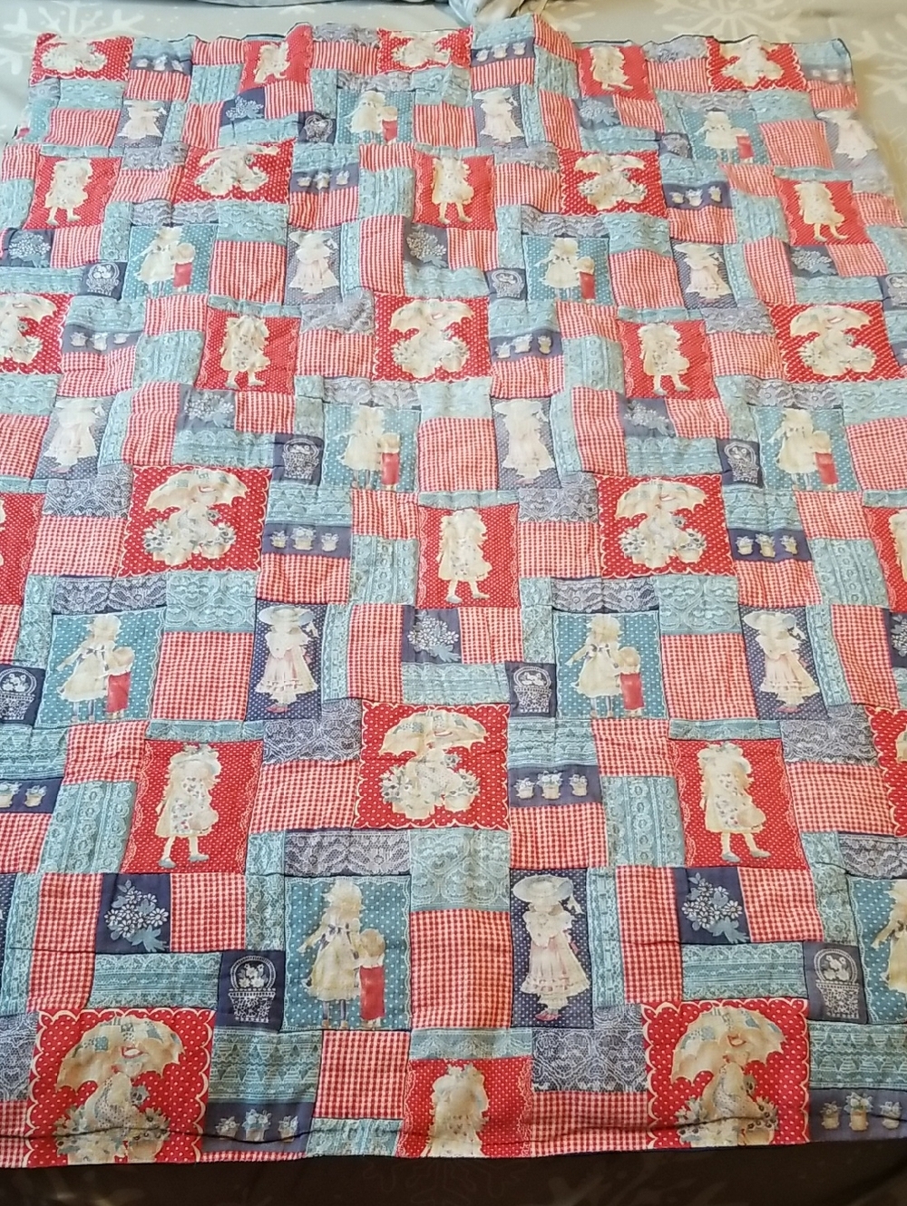 Vintage-Inspired Red & Blue Patchwork Infant Bed Quilt